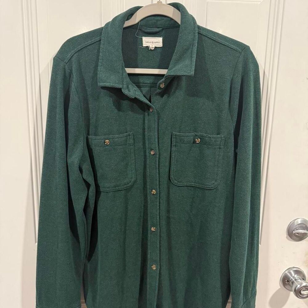 Thread & Supply Soft Fleece Button Down Shacket Forest Green L